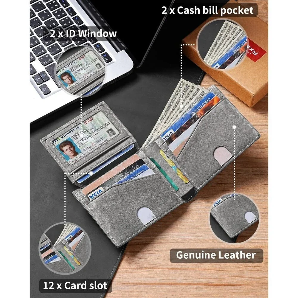 Men's Classic Bifold Wallet Card Gray Style Genuine Leather 2 Cash Pockets